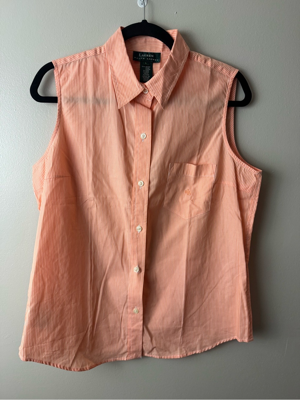 Lauren Ralph Lauren Peach-Striped Sleeveless Button-Down Cotton Shirt Large